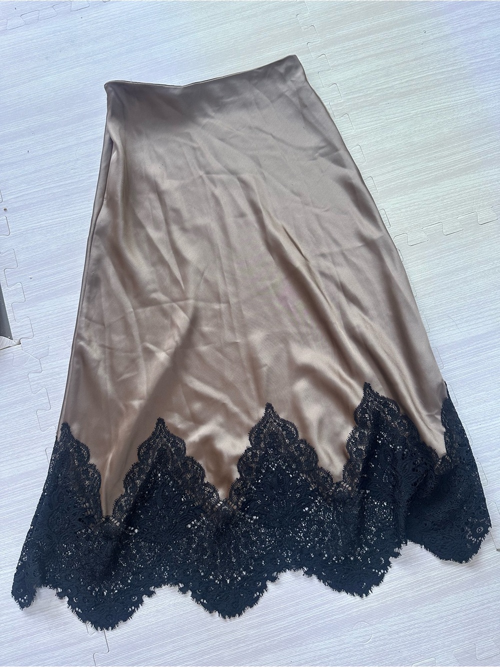 Zara Taupe Satin Midi Skirt with Black Lace Hem